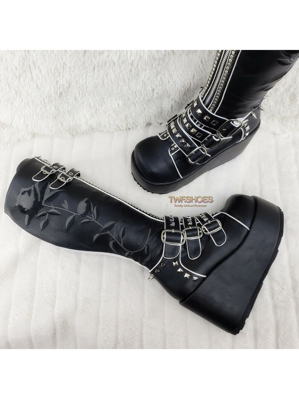 NIB DEMONIA Concord Black Platform Rose Goth Studded Knee Boots 4" Wedge - Picture 1 of 12